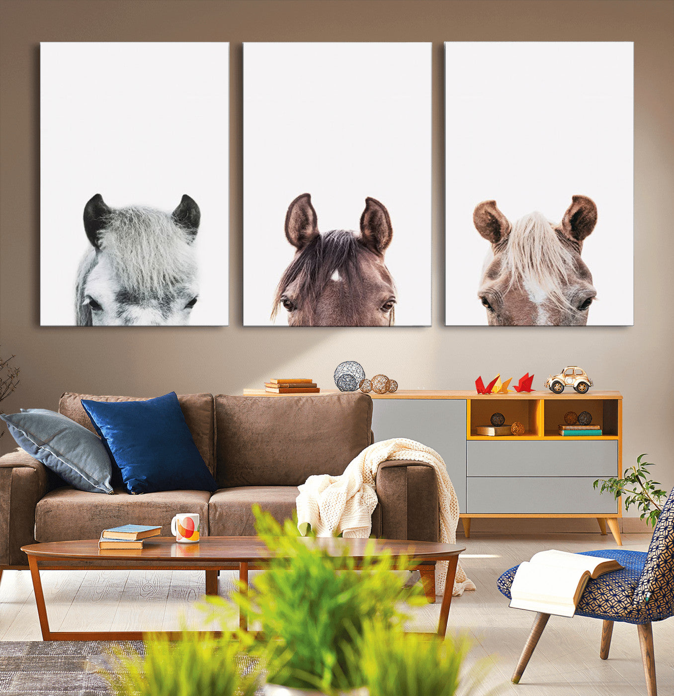 16020-MGV-CV-36X24-Horse Wall Art - Minimalist Horse Triptych Wall Art – Modern 3-Panel Giclée Canvas Featuring Horse