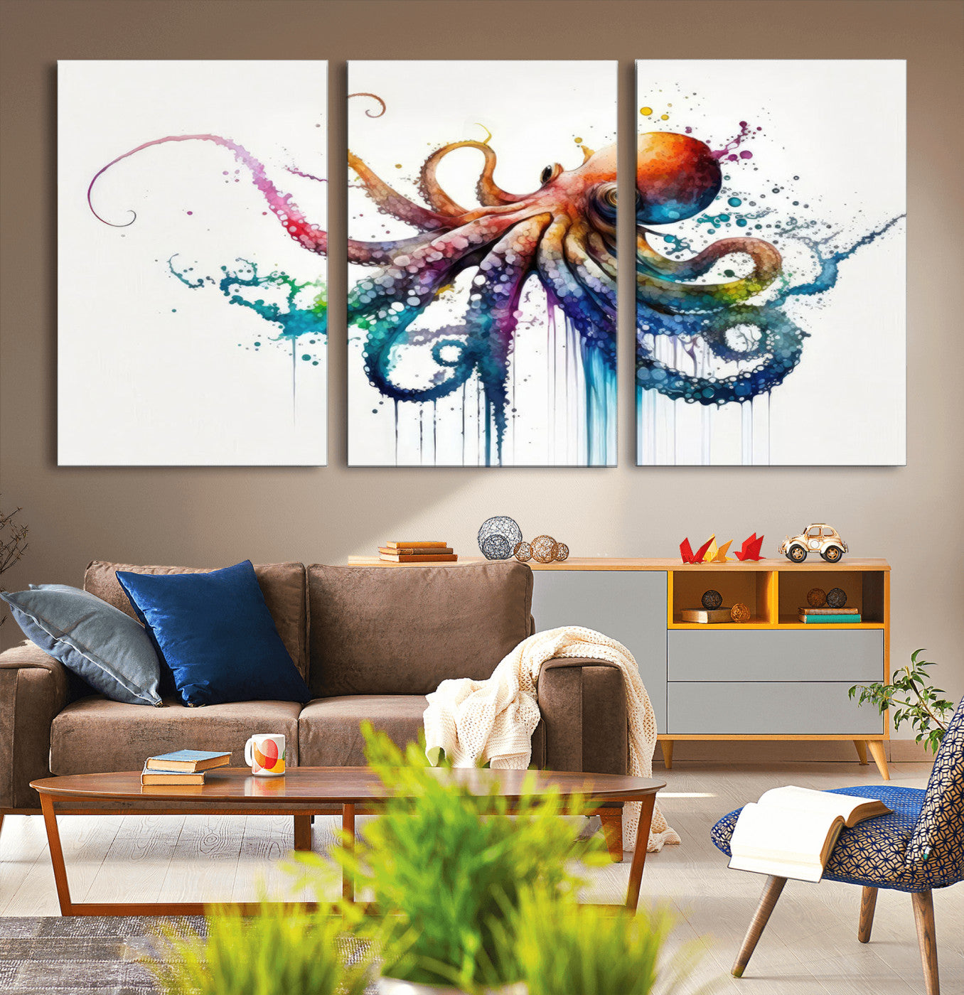19374-MGV-CV-36X24-Watercolor Vibrant Octopus Wall Art Canvas Print | Abstract Sea Life Art | Colorful Marine Creature