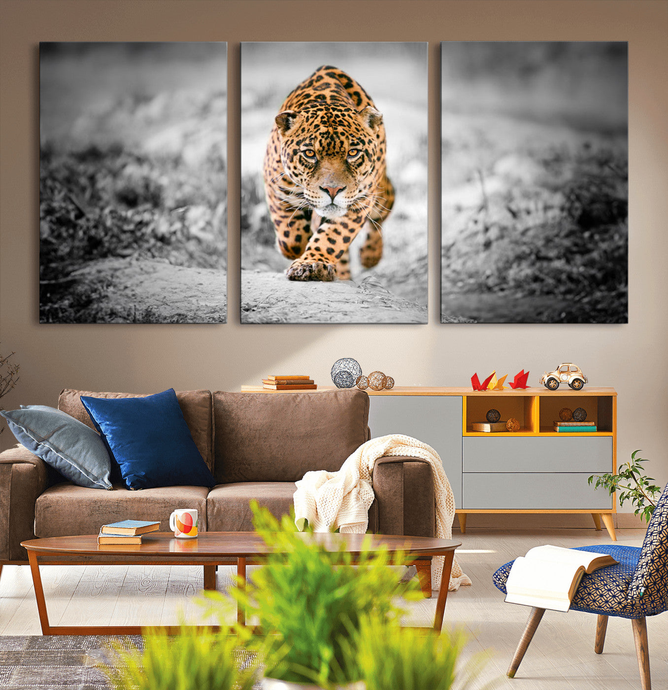 MGV-CV-60X30-3P - Jaguar Wall Art Canvas Print - Majestic Big Cat in Focused Pursuit - Ready to Hang