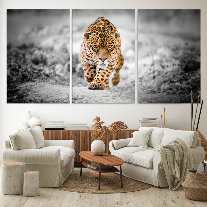 A striking three-panel "Jaguar Stalking Wall Art Canvas Print - Majestic Big Cat in Focused Pursuit" features a leopard walking forward, set against a black and white background.