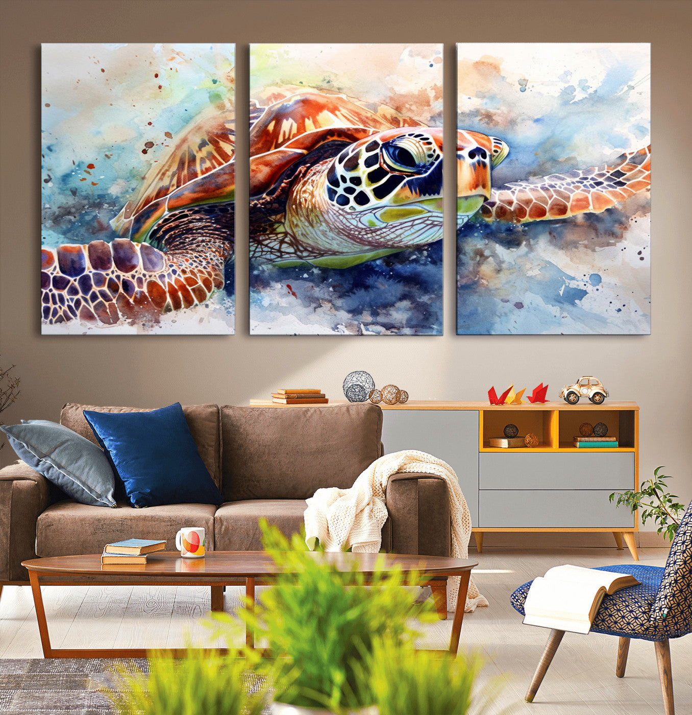 MGV-CV-60X30-3P - Watercolor Sea Turtle Wall Art Canvas Print - Vibrant Ocean Colors in Watercolor Style - Ready to
