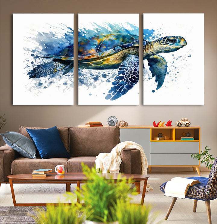 The Turtle Wall Art Print, featuring blue splashes, beautifully showcases Ocean Life.