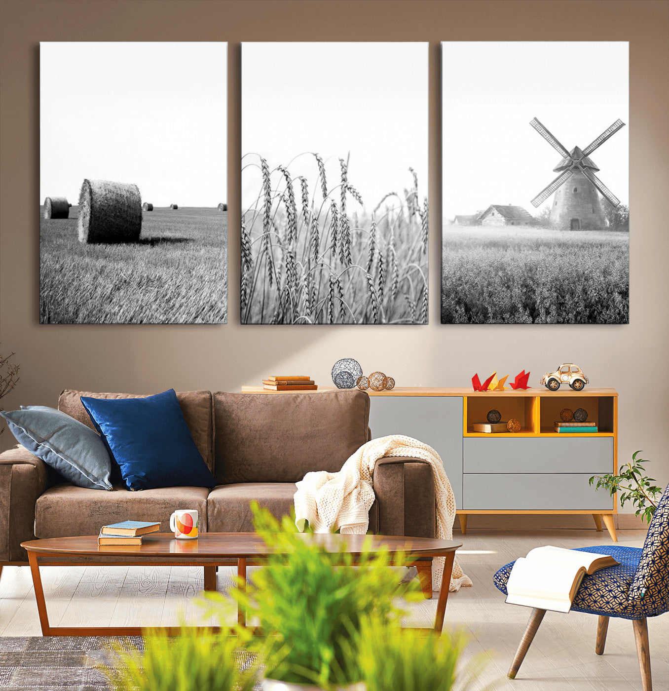 MGV-CV-60X30-3P - Vintage Farmhouse Black and White Triptych Wall Art – Giclee Canvas Featuring Wheat Fields, Hay
