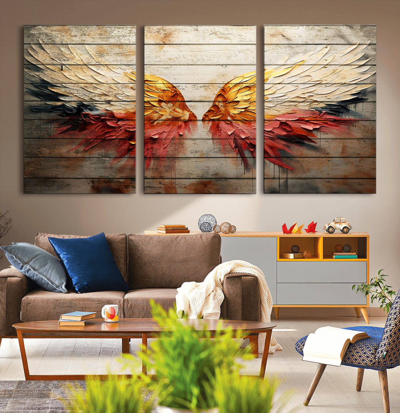 MGV-CV-60X30-3P - Abstract Angel Wings Canvas Wall Art – Framed and Ready to Hang Modern Angelic Wings Decor for