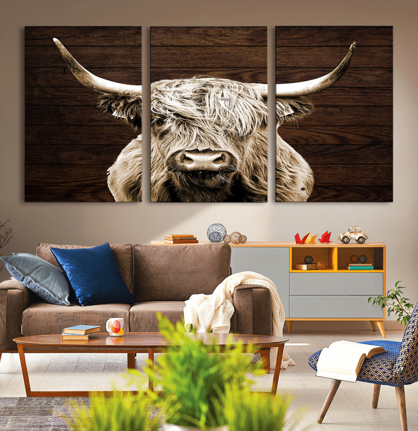 MGV-CV-60X30-3P - Highland Cow Wall Art Canvas Print, Rustic Farmhouse Decor, Majestic Scottish Highland Bull Portrait