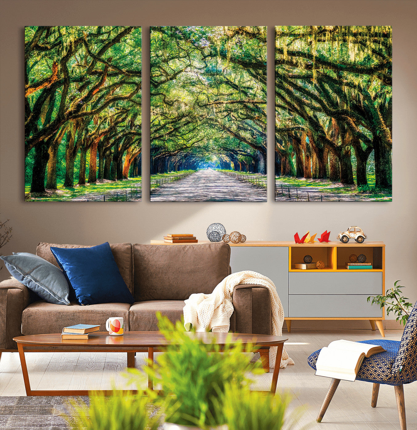 MGV-CV-60X30-3P - Serene Tree Tunnel Wall Art Canvas Print – Pathway Under Canopy of Lush Green Trees, Nature-Inspired