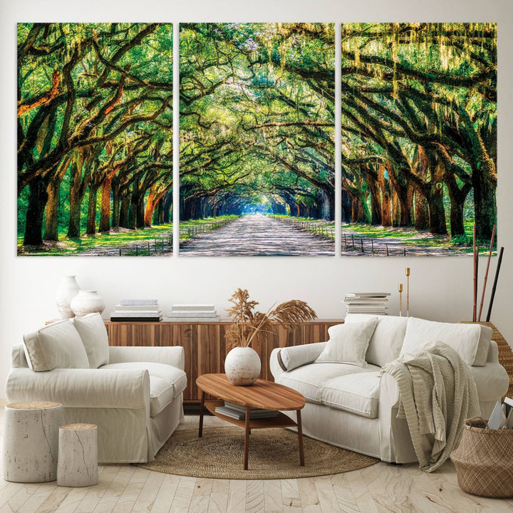 Serene Tree Tunnel Wall Art Canvas Print – Pathway Under Canopy of Lush Green Trees, Nature-Inspired Decor for Living Room – Ready to Hang