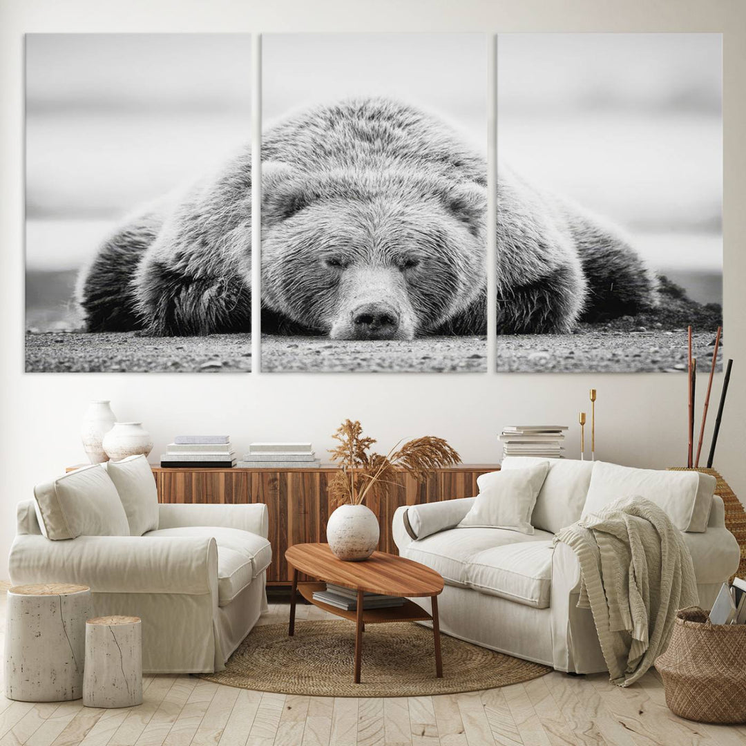 Resting Bear Wall Art Canvas Print – Majestic Lazy Black and White Wildlife Bear Art, Perfect for Nature-Inspired Home Decor – Ready to Hang