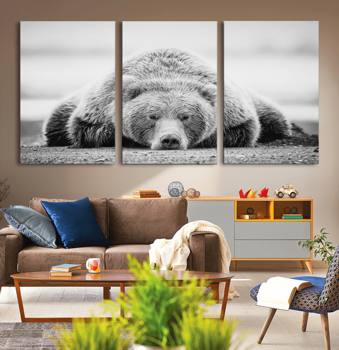 MGV-CV-60X30-3P - Resting Grizzly Bear Wall Art Canvas Print – Majestic Lazy Black and White Wildlife Bear Art,