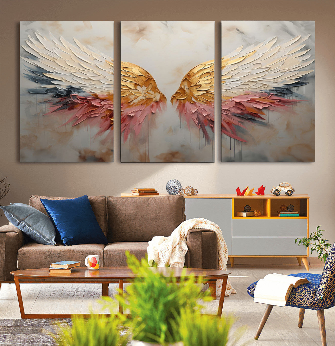 MGV-CV-60X30-3P - Golden Angel Wings Wall Art Canvas Print – Stunning Abstract Winged Art for Elegant Home Decor –