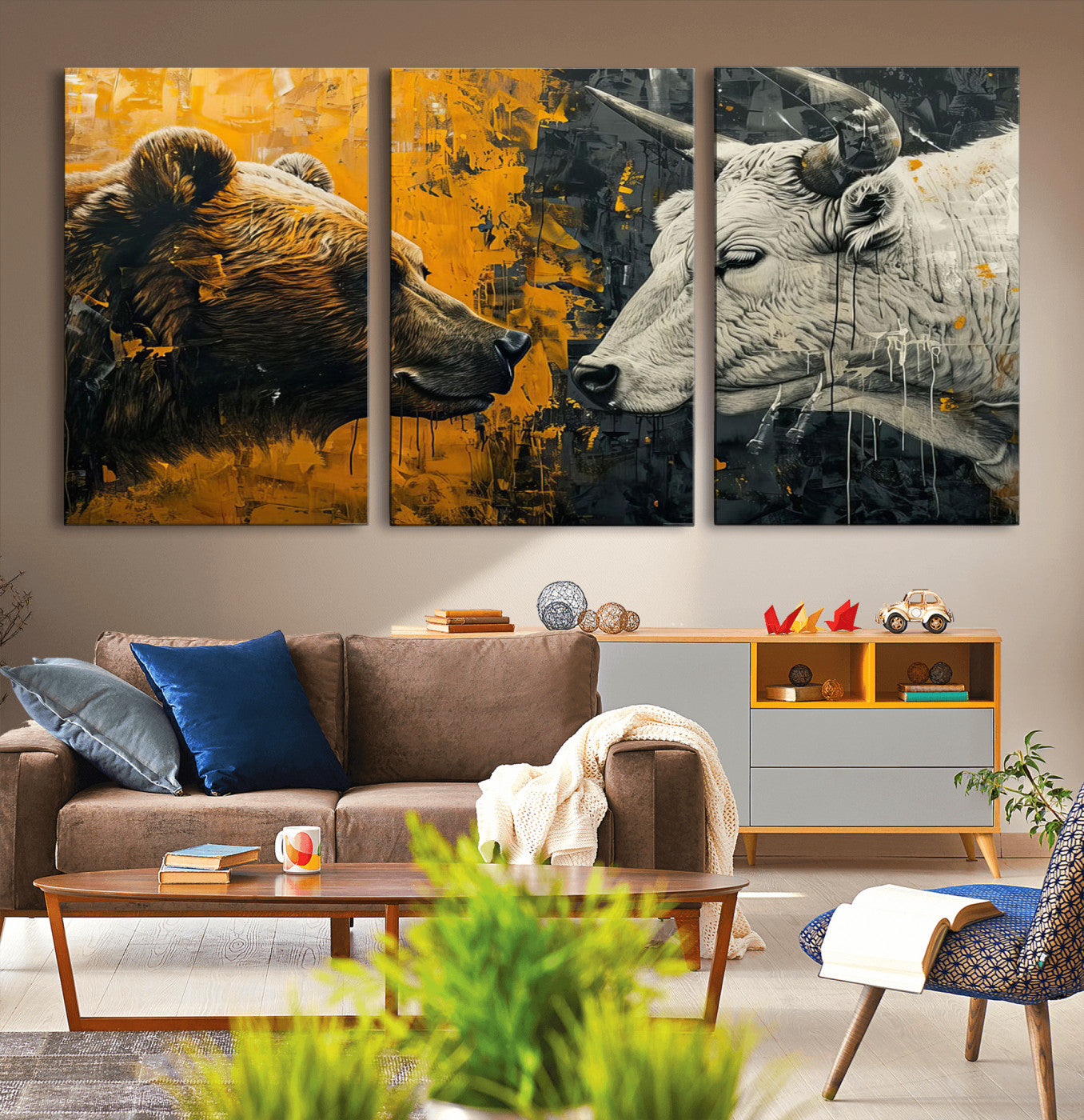 MGV-CV-60X30-3P - Bear and Bull Wall Art Canvas Print – Abstract Animal Portrait Painting for Modern Home Decor –