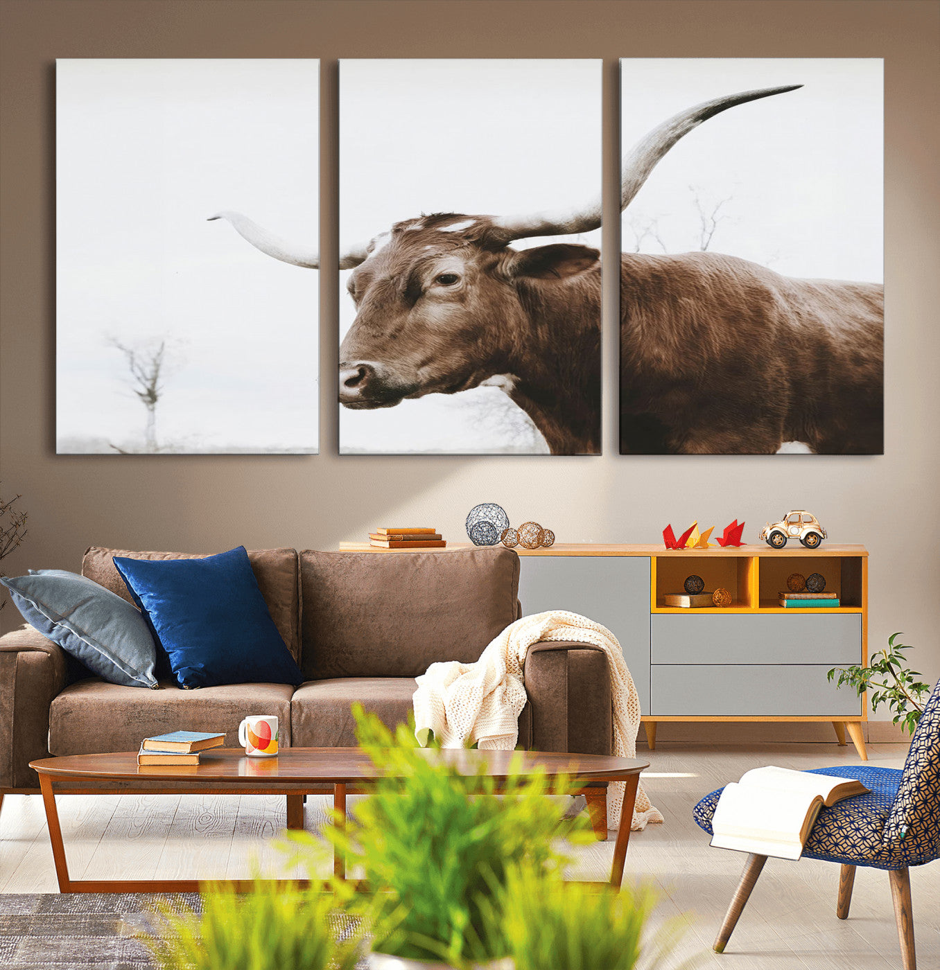 MGV-CV-60X30-3P - Rustic Bull Wall Art Canvas Print – Modern Longhorn Farmhouse Animal Decor – Abstract Farm Cow