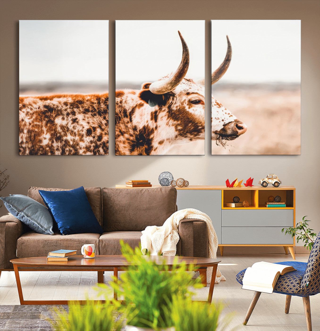 -Speckled Bull Wall Art Canvas Print – Rustic Cow Longhorn Farmhouse Animal Decor – Western Longhorn