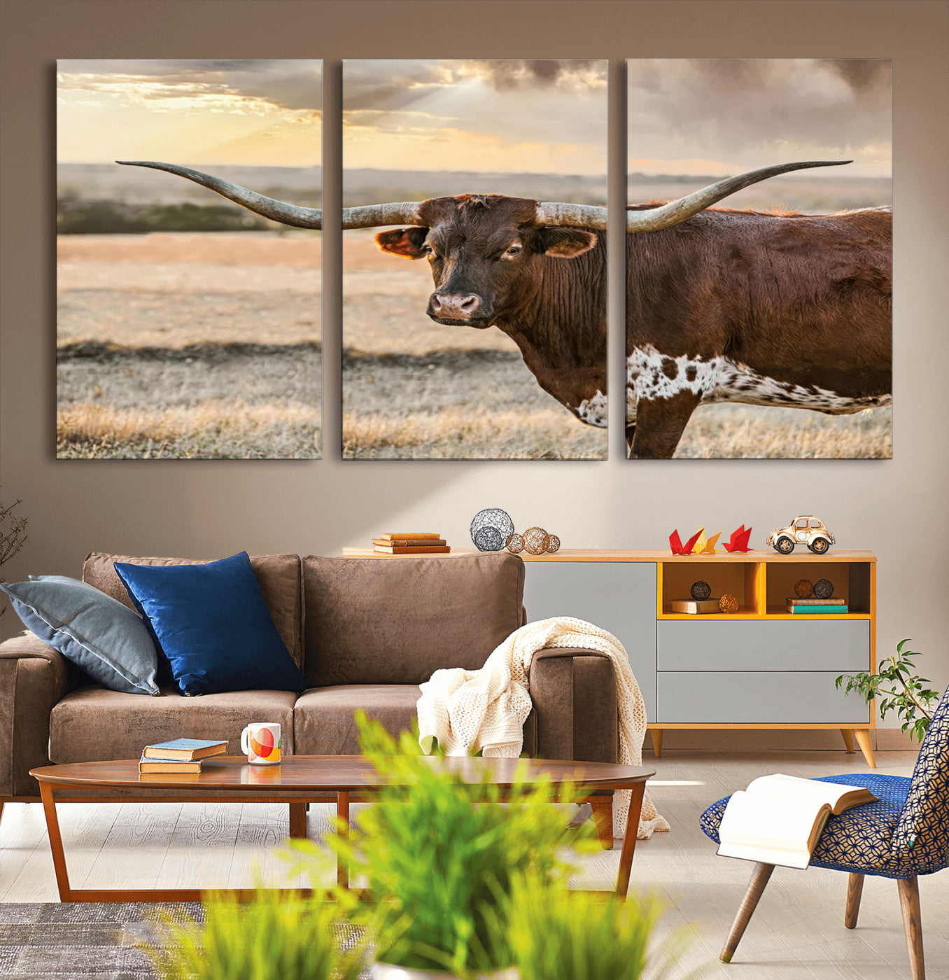 MGV-CV-60X30-3P - Texas Longhorn Wall Art Canvas Print, Rustic Ranch Decor, Majestic Western Longhorn Cattle