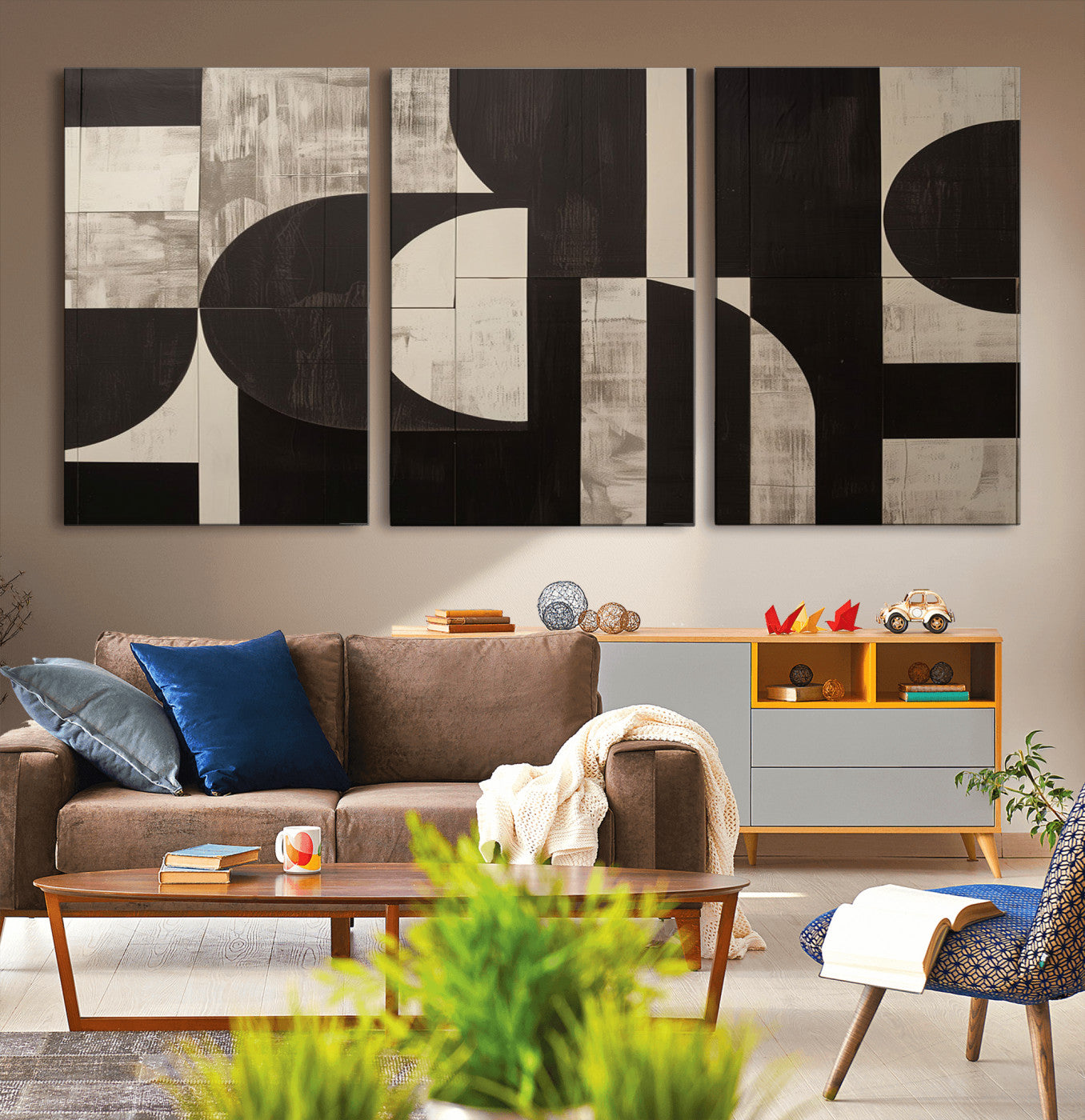 63644-MGV-CV-60X30-3P - Abstract Brown Wabi Sabi Canvas Print Set – Minimalist Mid-Century Wall Art Contemporary Artwork for Home, Office