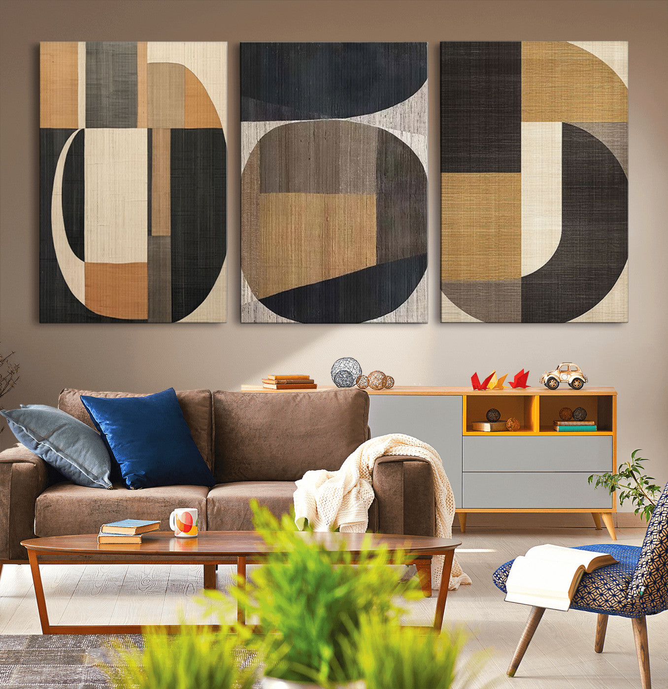MGV-CV-60X30-3P - Modern Brown Wabi Sabi Abstract Wall Art Canvas Print Set, Minimalist Wall Art