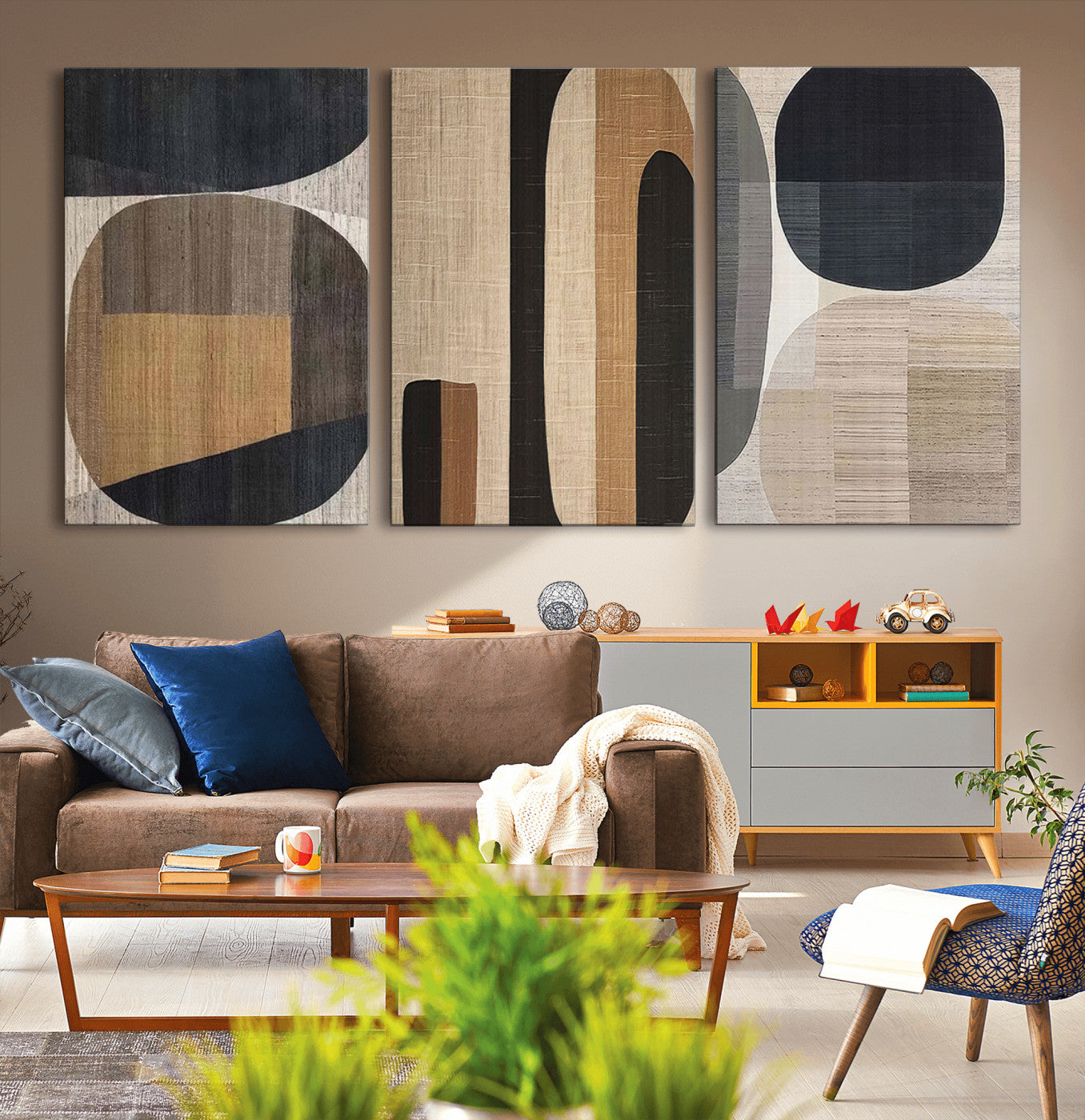 MGV-CV-60X30-3P - Abstract Minimalist Canvas Wall Art - Neutral Geometric Modern Boho Decor, Minimalist Brown Wabi