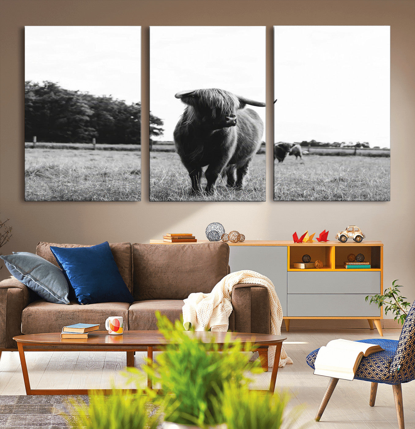 MGV-CV-60X30-3P - Black and White Highland Cow Wall Art Canvas Print | Rustic Western Decor for Living Room or Office,