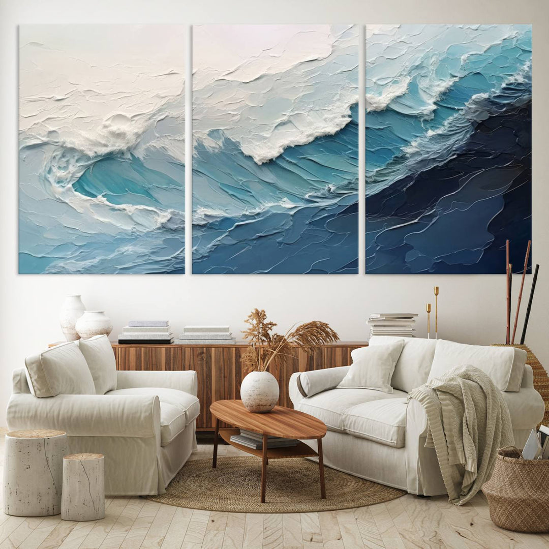 The Blue Abstract Wave Ocean Wall Art Canvas Print hangs prominently.