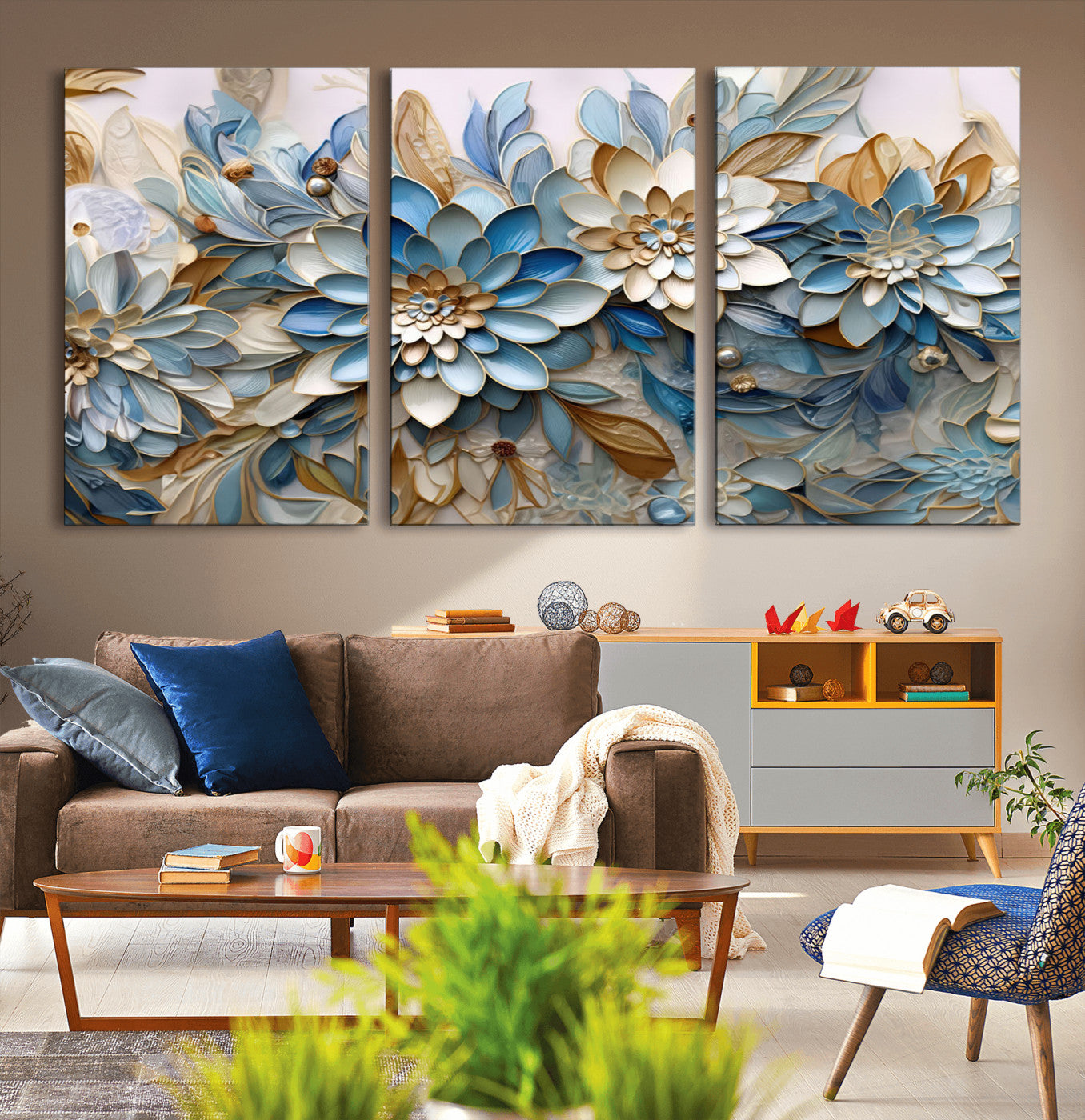 MGV-CV-60X30-3P - Blu Abstract Flower Wall Art Canvas Print