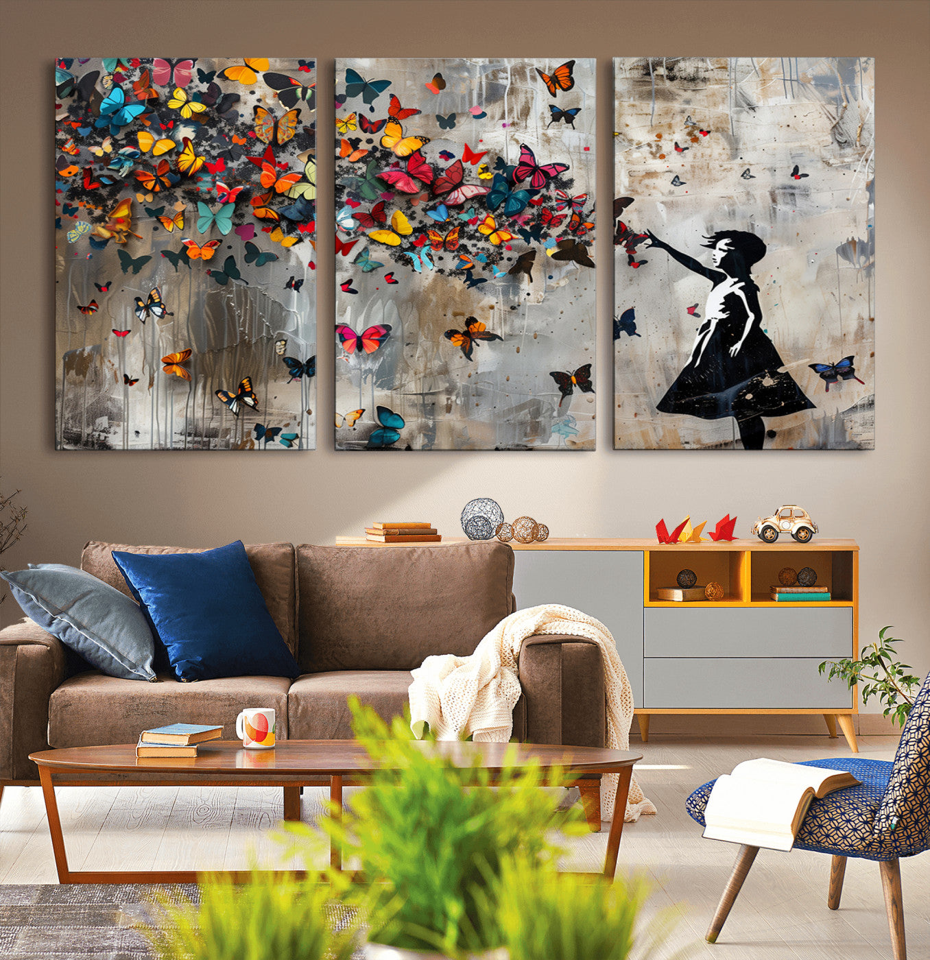 MGV-CV-60X30-3P - Banksy Wall Art - Banksy Girl and Butterfly Explosion Wall Art Canvas Print | Girl with Butterflies