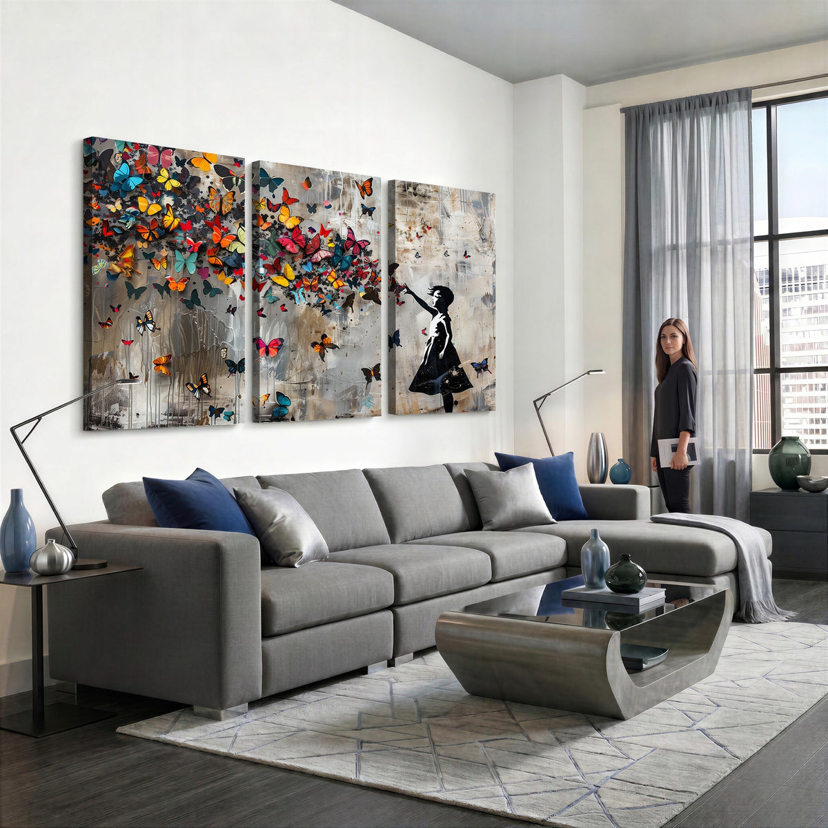 40269-MGV-CV-24X16 - Banksy Wall Art, Banksy Girl and Butterfly Explosion Canvas Print | Extra Large 3 Piece Best Seller Wall Art
