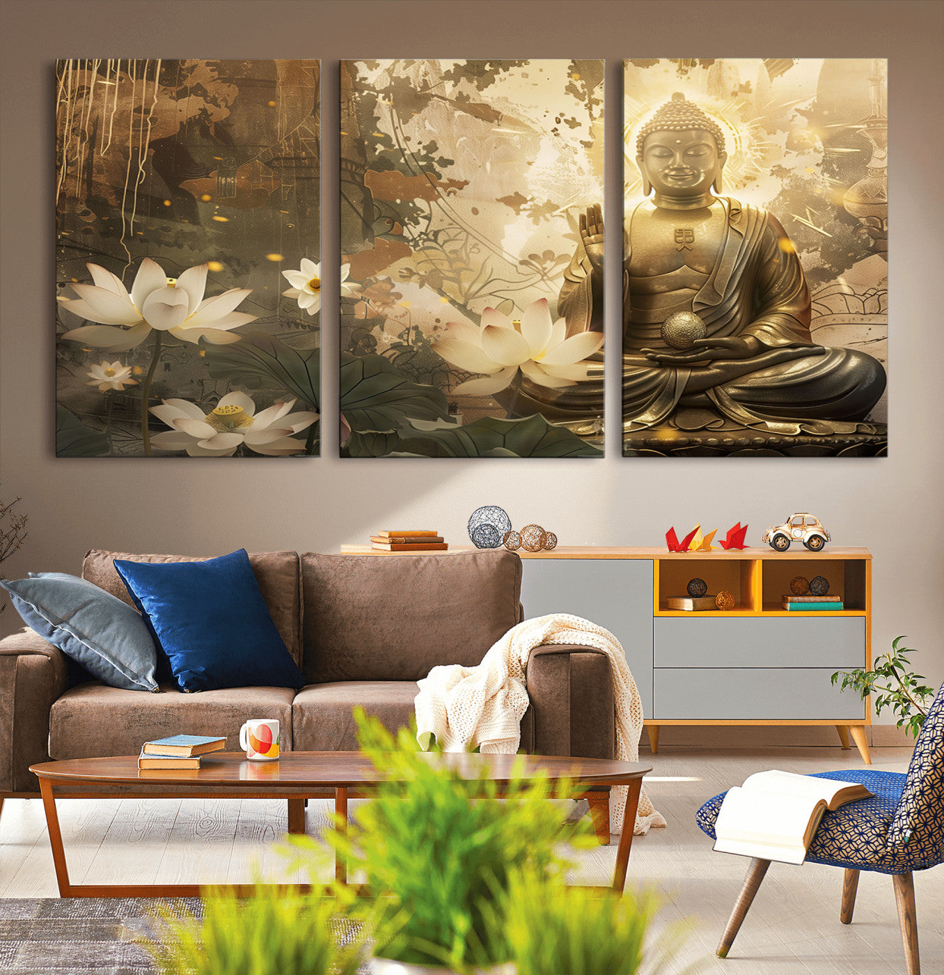 MGV-CV-60X30-3P - Zen Buddha Wall Art Canvas Print | Peaceful Meditation Decor with Lotus Flowers | Spiritual Serenity