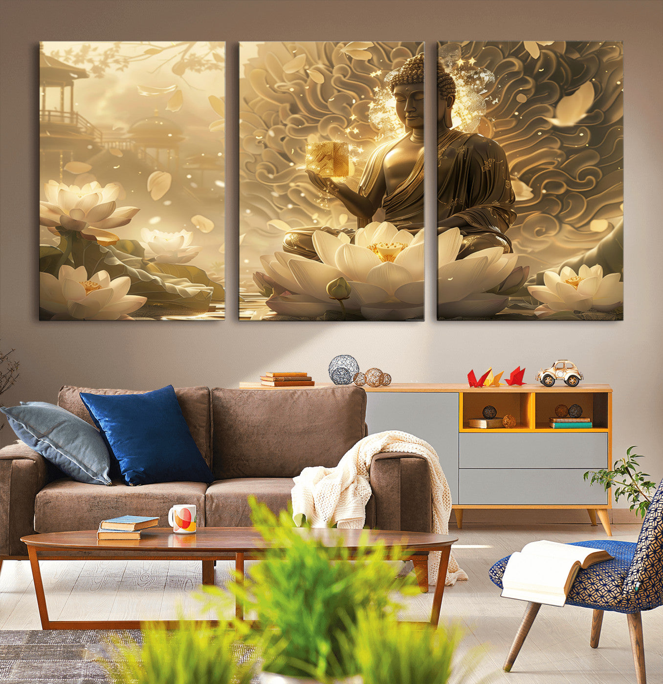 MGV-CV-60X30-3P - Golden Buddha Wall Art | Yoga Room Decor and Meditation Room Wall Art | Framed and Ready to Hang