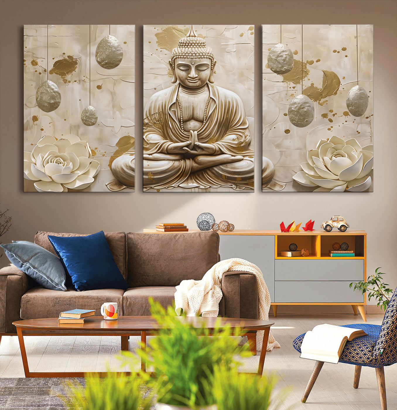 54116-MGV-CV-60X30-3P-Serene Buddha Wall Art | Yoga Room Decor and Meditation Wall Art Print | Framed and Ready to Hang