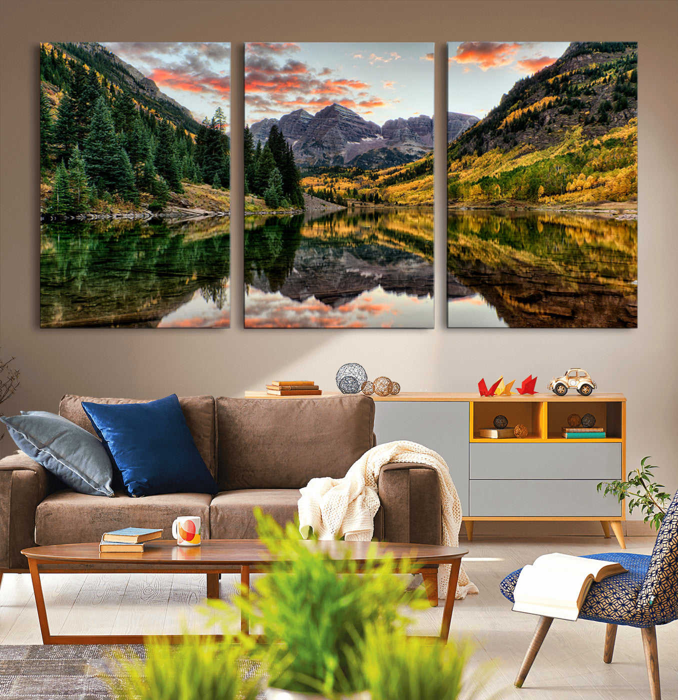 MGV-CV-60X30-3P - Maroon Bells Wall Art - Scenic Canvas Print of Maroon Bells in Autumn for Elegant Home or Office