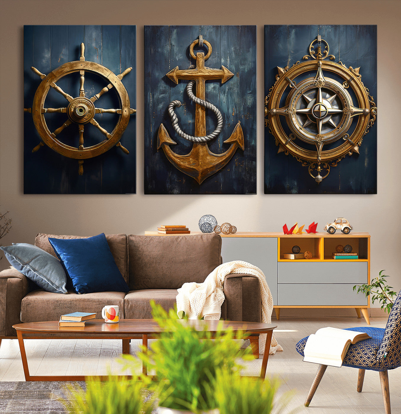MGV-CV-60X30-3P - Boat Anchor Compass With Rope Wall Art Canvas Print | Beach House Wall Art