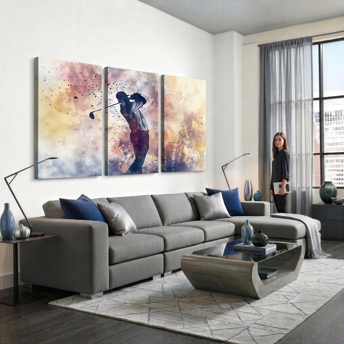 10848-MGV-CV-36X24 - Abstract Watercolor Golf Player Wall Art Canvas Print