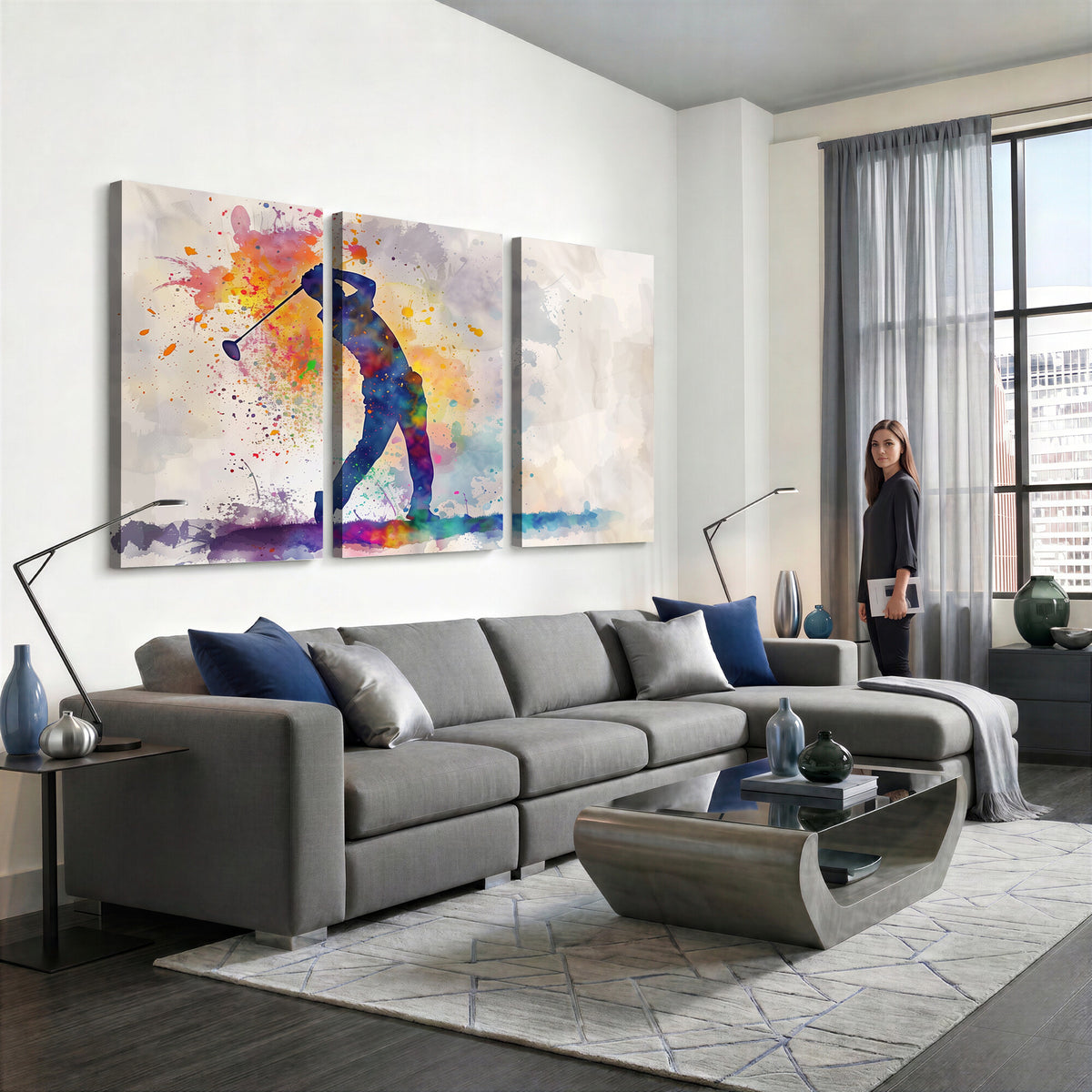 89625-MGV-CV-36X24 - Vibrant Watercolor Golf Swing Wall Art Canvas Print | Extra Large 3 Piece Canvas Wall Art