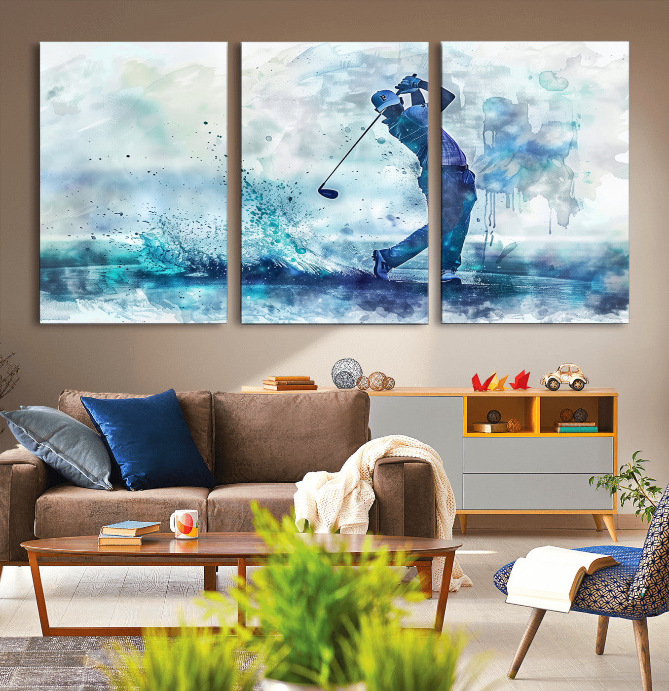 MGV-CV-60X30-3P - Golf Swing Wall Art Canvas Print - Sports-Inspired Watercolor Decor - Ready to Hang