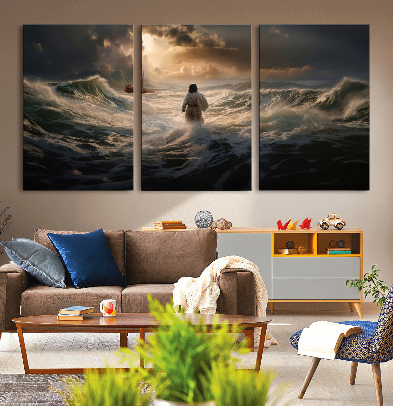 MGV-CV-60X30-3P - Jesus Walking on Water Wall Art Canvas Print - Religious Spiritual Decor - Jesus Wall Art Canvas