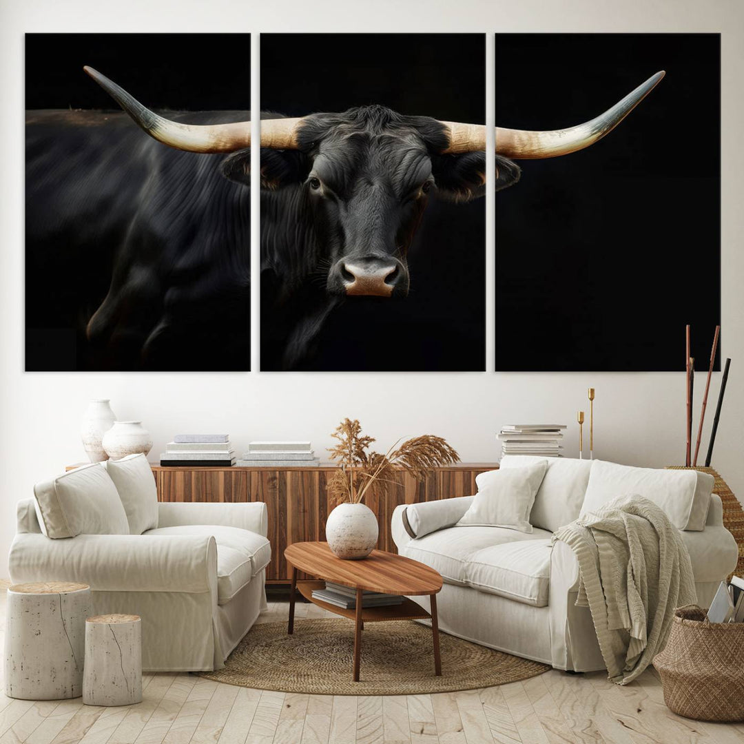 Texas Longhorn Cow | Majestic Black Bull Wall Art Canvas Print - Farmhouse Animal Decor - Ready to Hang