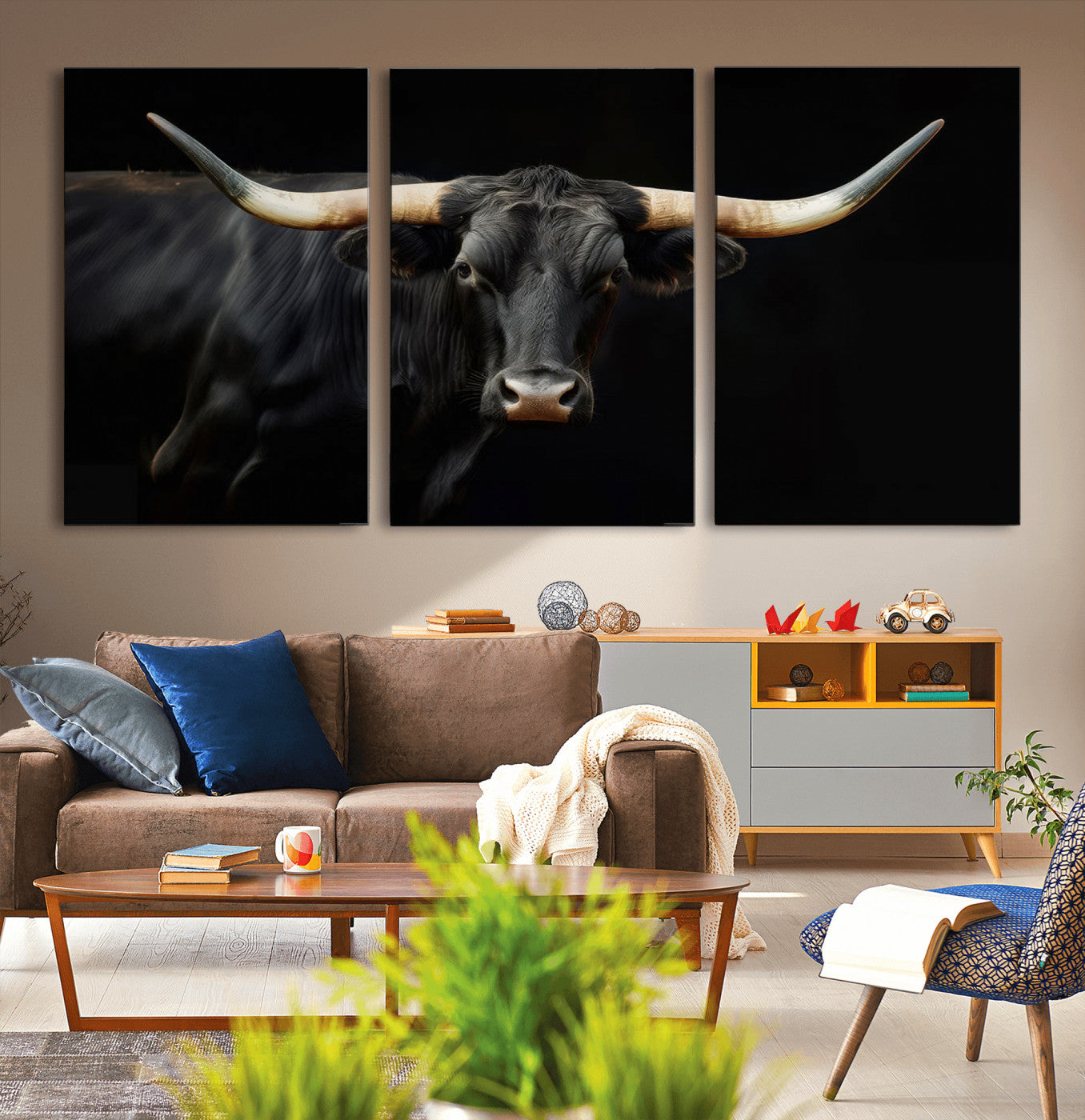MGV-CV-60X30-3P - Texas Longhorn Cow | Majestic Black Bull Wall Art Canvas Print - Farmhouse Animal Decor - Ready to