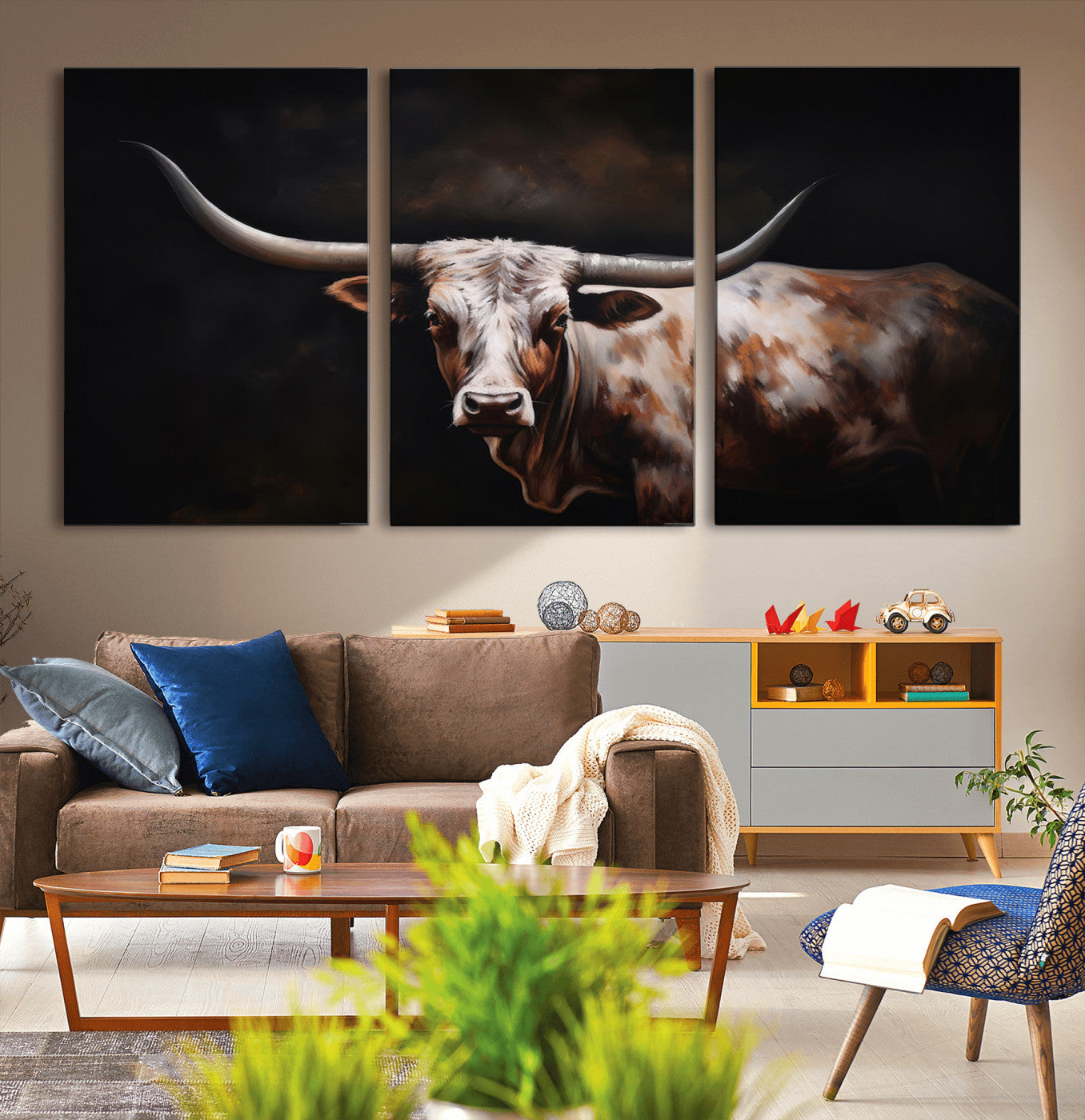 MGV-CV-60X30-3P - Texas Longhorn Wall Art Canvas Print | Western Ranch Decor | Bold Rustic Cattle Artwork | Ready to
