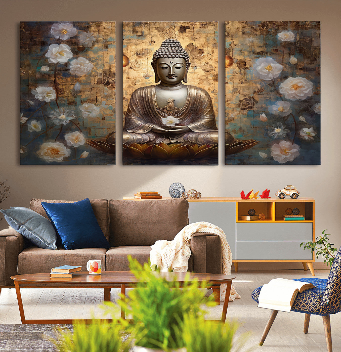 MGV-CV-60X30-3P - Golden Buddha Wall Art Canvas Print | Zen Meditation Floral Decor | Tranquil Spiritual Home Art |