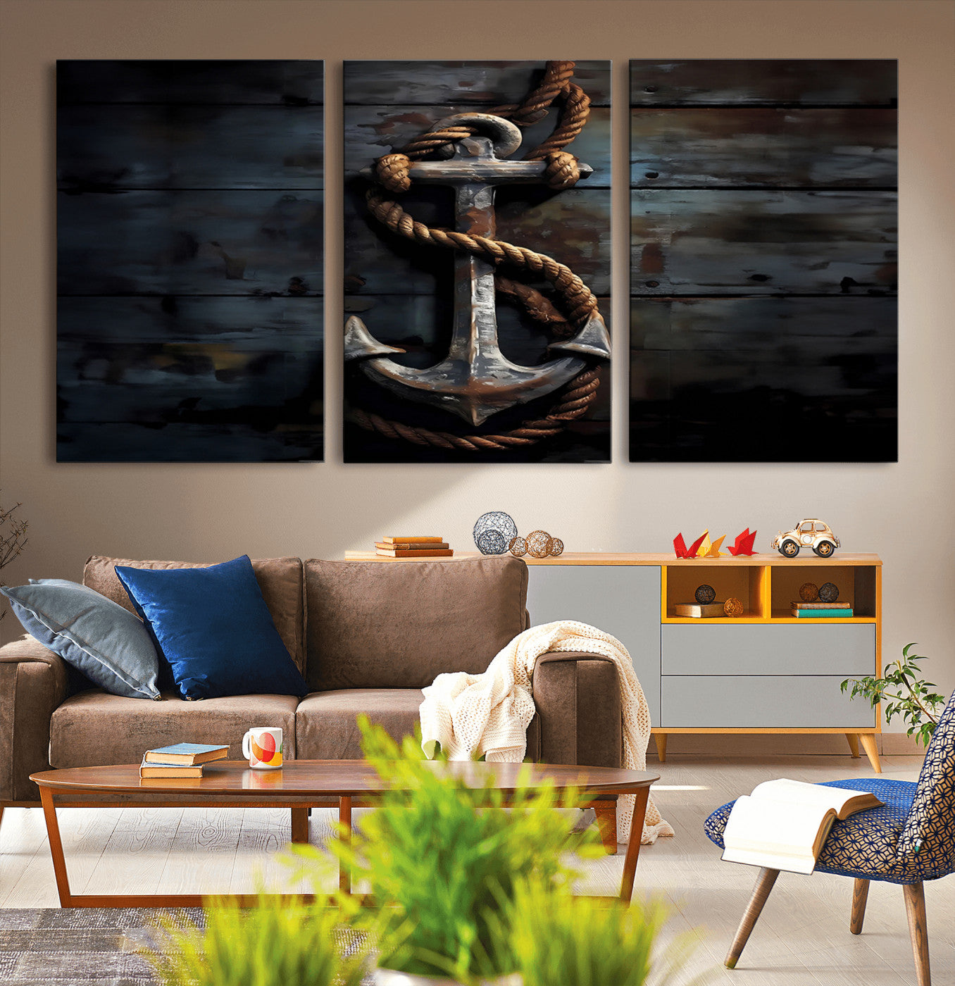 20984-MGV-CV-36X24-3 Panel Grunge Abstract Anchor Wall Art Canvas Print Set
