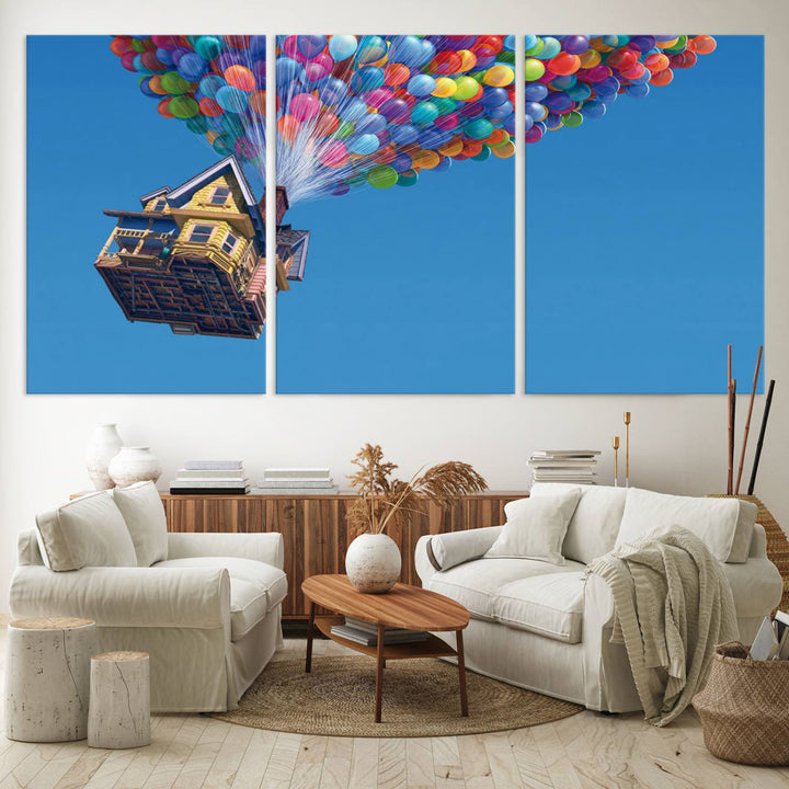 The "Carl Fredricksen, Up Movie Wall Art" features a three-panel design with a house lifted by colorful balloons, adding whimsical decor to any space.