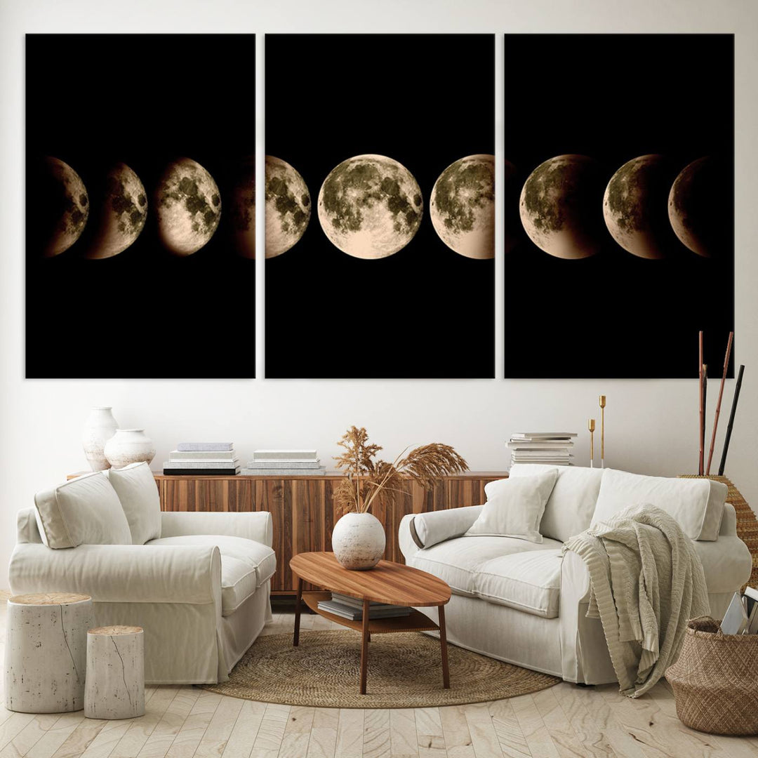 The "Phases of the Moon Wall Art" canvas print elegantly hangs on the wall.