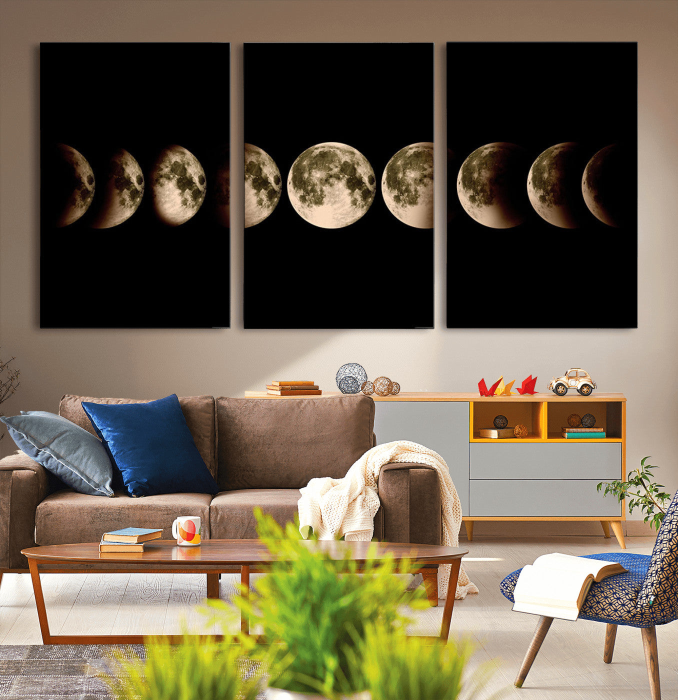 MGV-CV-60X30-3P - Phases of the Moon Wall Art | Canvas Print for Modern Wall Decor | Ready to Hang and Framed