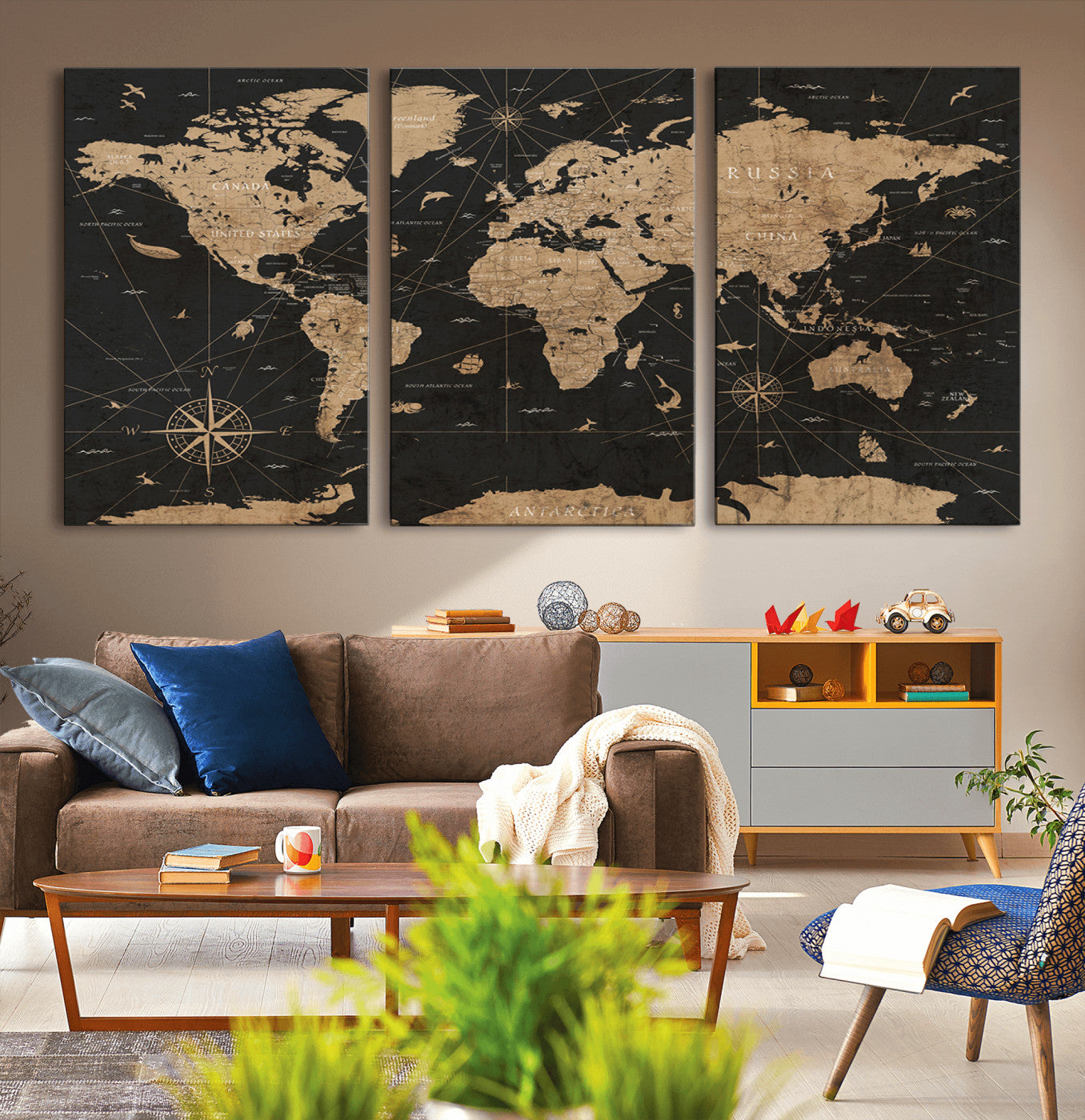 61023-MGV-CV-36X24-Vintage Push Pin World Map Canvas Print – Framed Travel Tracker Wall Art, Rustic Adventure Map Gift for Home or Office Decor