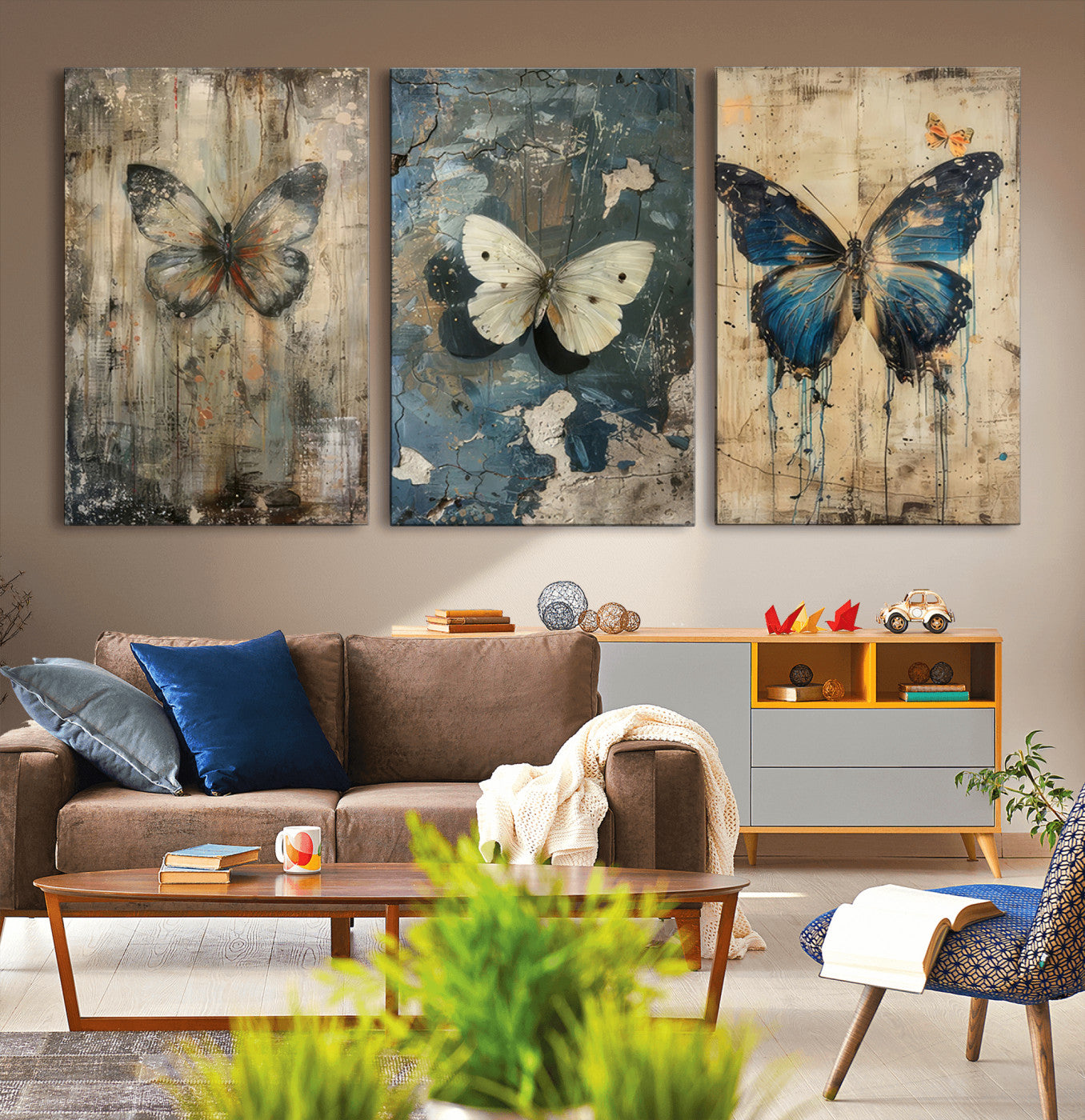 MGV-CV-60X30-3P - Butterfly Wall Art Trio | Vintage Butterfly Canvas Print | Ready to Hang Framed Artwork for