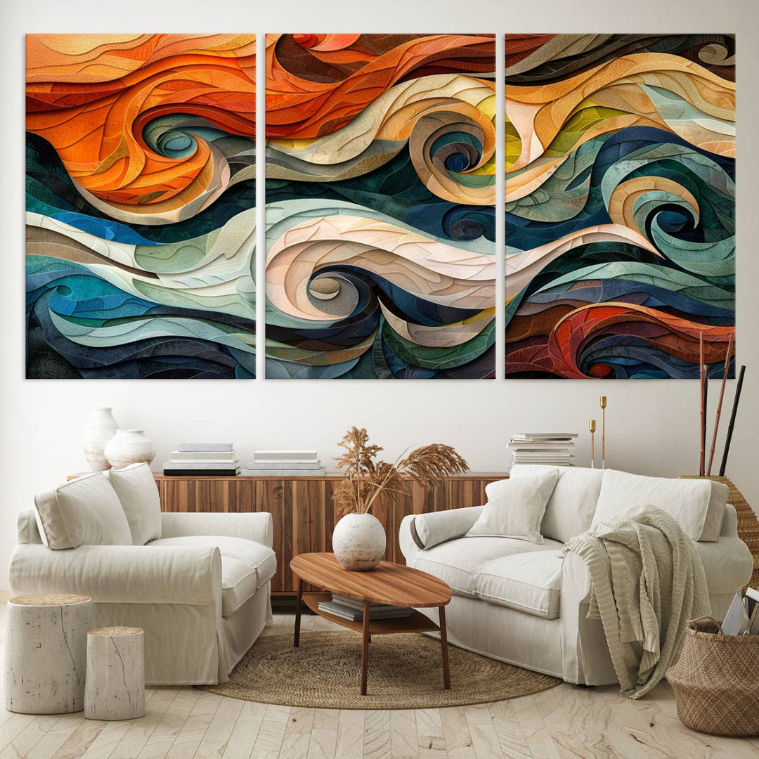 Abstract Wave Wall Art is a ready-to-hang framed canvas print featuring swirling orange, blue, and white patterns. It's perfect for adding vibrant decor to modern spaces.