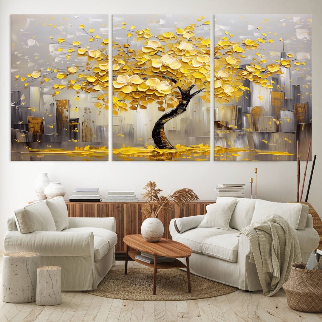 A framed canvas print from the "Golden Tree Canvas Print | Abstract Wall Art for Modern Homes | Ready to Hang Framed Artwork" collection hangs elegantly against the dark wall, epitomizing exquisite abstract wall art.