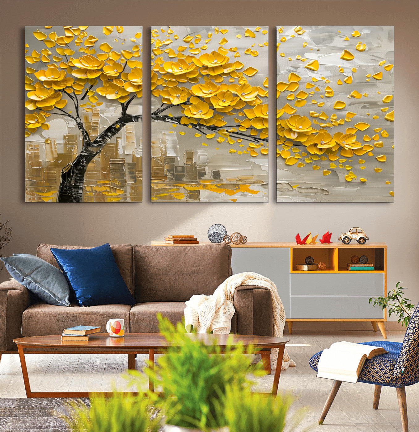 MGV-CV-60X30-3P - Yellow Blossom Tree Canvas Wall Art - Floral Abstract Modern Contemporary Artwork for Living Room or