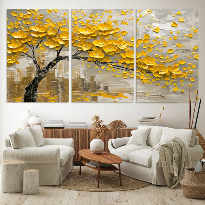 Yellow Blossom Tree Canvas Wall Art, featuring a floral abstract modern design, is elegantly displayed against a dark wall. This sophisticated piece enhances the contemporary aesthetic of the space.