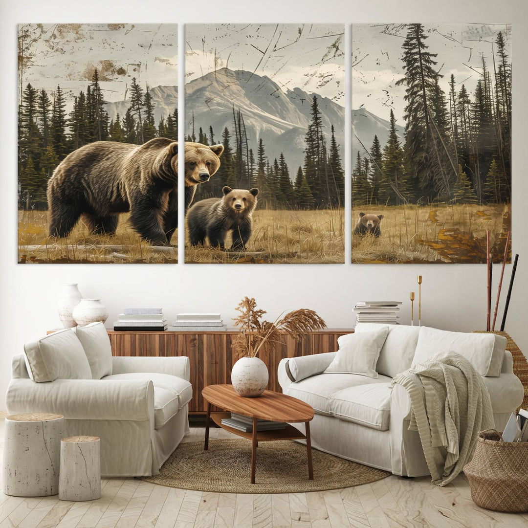 Rustic Grizzly 399: Bear Family Wall Art Canvas Print.